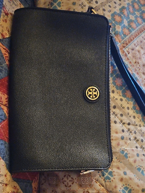 Tory Burch Handbags - Tory Burch Black Leather Wristlet with Gold Logo Medallion